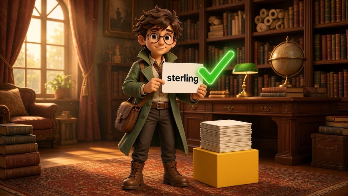Alex у бібліотеці тримає картку зі словом sterling, поруч стос карток і зелена галочка